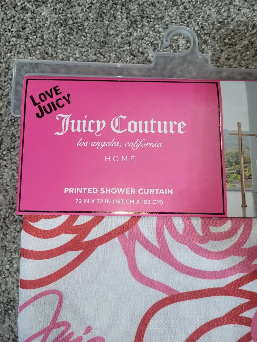 Juicy Couture Fabric Shower Curtain 72x72 Pink Red Floral Logo Spellout Y2K
